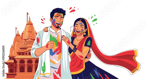 Happy Holi vector illustration of a joyful couple celebrating the Holi festival with colorful powder against traditional Indian architecture.
