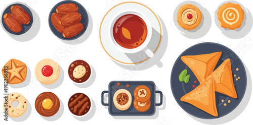 Flat lay illustration of assorted sweet and savory pastries, samosas, and a cup of tea on various plates and a baking tray against a clean white background.