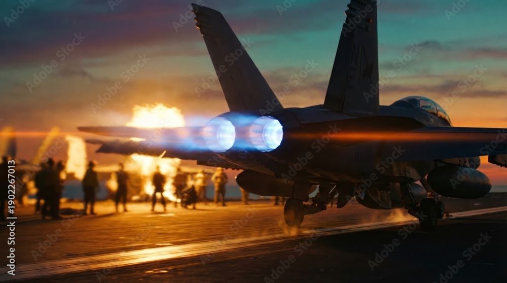 Fototapeta premium Fighter jet launching from aircraft carrier deck at sunset, afterburners blazing bright blue orange flames into a dramatic evening sky, showcasing power and speed