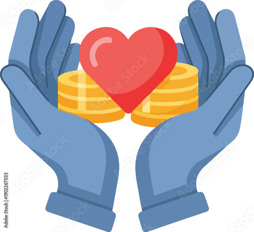 Illustration of blue hands holding a red heart and gold coins on a white background with a symbolic and charitable mood.