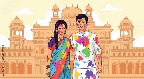 A Happy Holi vector illustration of a couple celebrating the Holi festival with colorful powder against traditional Indian architecture.