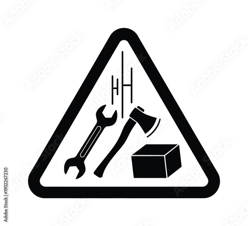 Cautionary triangular warning sign depicting tools and a box with falling hazard symbol for safety awareness