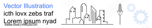 Urban growth, industrialization, sustainable farming, infrastructure planning, modernization, technology integration. Minimalist cityscape, corn icon gears. Urban growth and industrialization