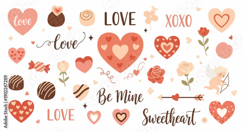 A delightful collection of Valentine's Day themed graphic elements including various hearts, chocolates, roses, cupid, and romantic typography on a white background.