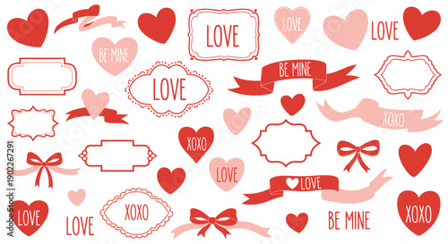 A collection of cute red and pink Valentine's Day themed graphic elements including hearts, ribbons, bows, and decorative frames with romantic text.