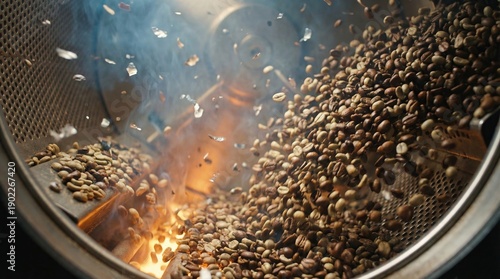 Coffee beans undergoing the roasting process inside a commercial drum roaster, with visible heat, smoke, and flying chaff creating a dynamic and aromatic scene for fresh coffee production
