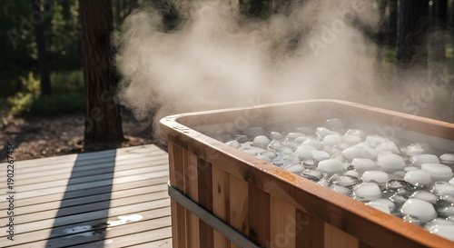 An outdoor wooden cold plunge tub with rising steam offers invigorating wellness therapy and mental clarity for a powerful rest and relaxation concept.