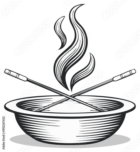 Stylized Illustration of a Bowl with Crossed Skewers and Flames