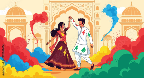 A vibrant illustration of a couple celebrating Happy Holi with colorful powder against traditional Indian architecture backdrop.