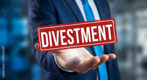 Businessman holding a red sign with the word divestment in white capital letters, concept of business strategy, sale, or asset disposal