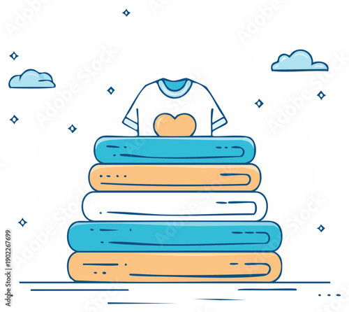 Stack of Folded Laundry with a Heart Shirt and Clouds Simple Flat Design Illustration