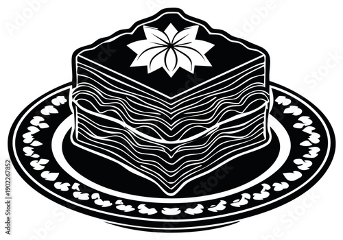 Stylized graphic of a layered dessert with floral topping on a decorative plate
