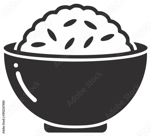 Elegant Black and White Icon of a Bowl of Steamed Rice Essential Asian Cuisine Element