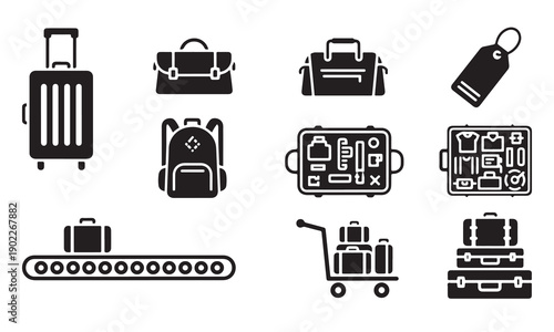 Luggage and Baggage Icon Set with Suitcases, Backpack, Travel Gear Packing, and Airport Conveyor Belt Symbols