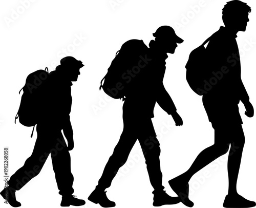 Three men hiking silhouettes with backpacks vector illustration