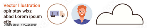 Logistics, weather forecasting, user profiles, delivery services, environmental monitoring, digital platforms. A truck icon, a smiling man avatar and a cloud outline. Logistics and user profiles