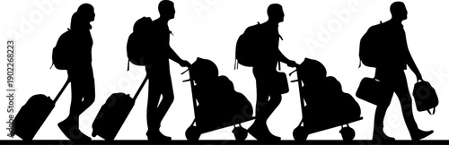 Group of travelers walking with heavy luggage and carts silhouettes Vector illustration for airport or migration concepts
