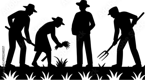 Farm workers silhouette black and white vector illustration of laborers planting and harvesting in a field