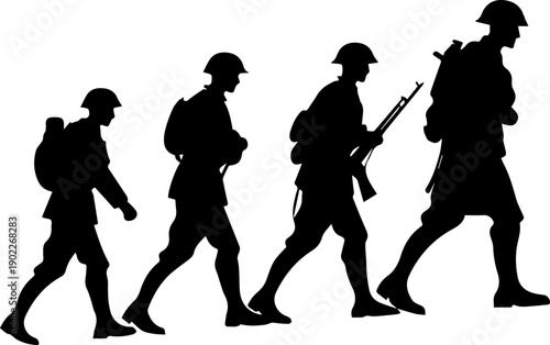 Historical Soldiers Silhouettes Walking in Line Military Infantry March Vector Icon