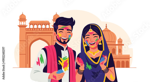 A vibrant illustration of a couple celebrating Holi Festival with colorful powder on their bodies against a backdrop of traditional Indian architecture.
