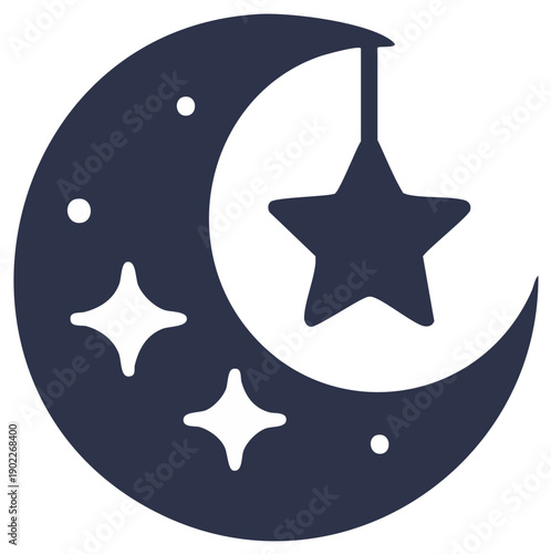 Stylized dark blue crescent moon with hanging star and sparkling stars