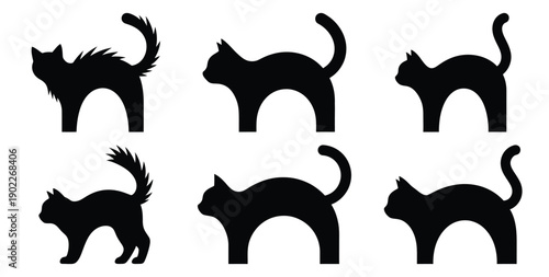 Set of halloween black cat arched back silhouettes black icon Vector illustration and isolated on white background.