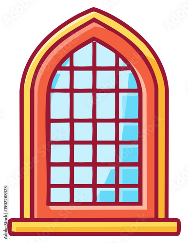 Colorful Arched Window Cartoon Illustration with Grid Panes Traditional Style Architectural Element Design