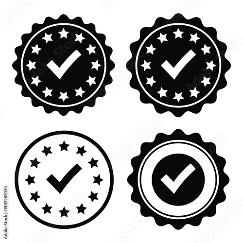 Four check mark icons with stars in circle shapes icon