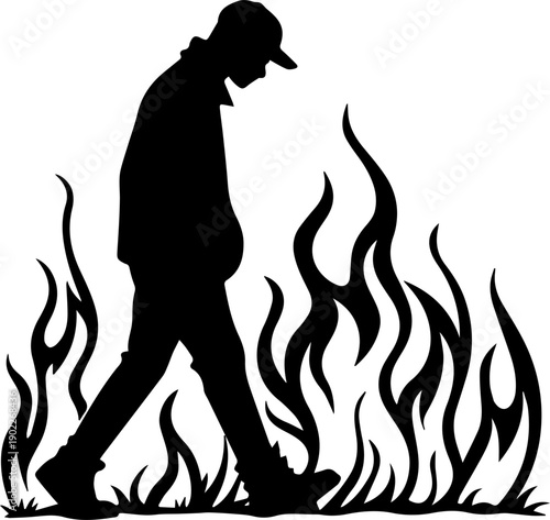 Silhouette of a Sad Man Walking Through Flames and Fire Difficulties Stress Depression Concept Vector Graphic