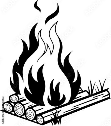 Stylized Campfire Silhouette with Flames and Wood Logs Simple Black Vector Graphic