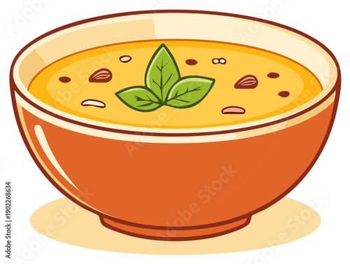 Whimsical illustration of a steaming bowl of hearty soup garnished with basil leaves and nuts
