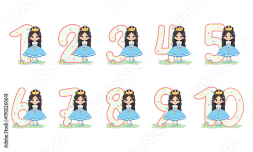 Set of sweet and modest princess with flowers and number from 1 to 10 on white background. Happy Birthday party concept. For Greeting Card or Invitation. Vector illustration in flat cartoon style