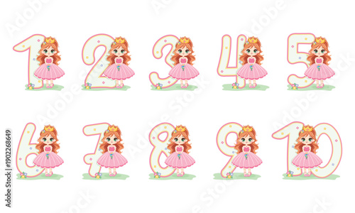Set of sweet and modest princess with flowers and number from 1 to 10 on white background. Happy Birthday party concept. For Greeting Card or Invitation. Vector illustration in flat cartoon style