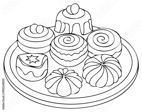 Line art dessert arrangement showcasing a variety of intricately decorated pastries presented on a round serving platter