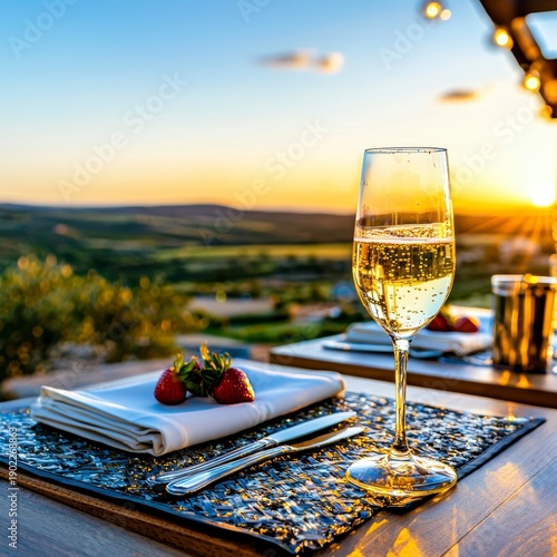 Romantic Sunset Dinner with Champagne and Strawberries at a Luxury Outdoor Setting