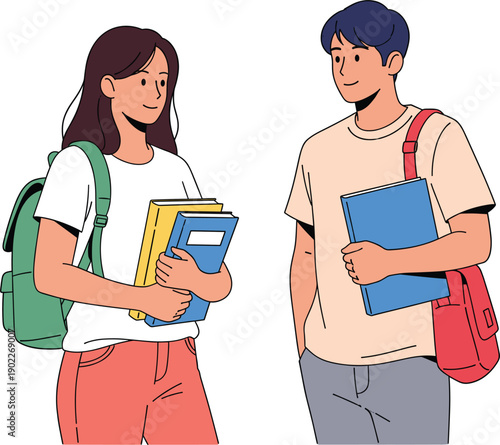 Modern flat design illustration of a male and female student talking and holding books.