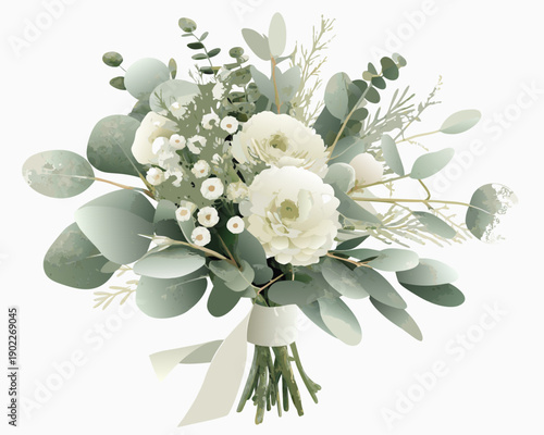 Elegant wedding bouquet featuring white ranunculus and lush green eucalyptus foliage