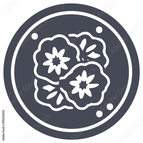 Modern minimalist graphic icon showing three delicious stylized dumplings or sweet pastries in a classic circular frame