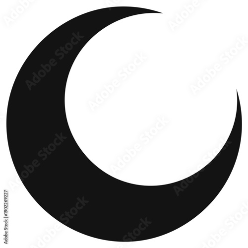 Minimalist black crescent moon icon, simple celestial symbol representing night, Islam, or cosmic themes