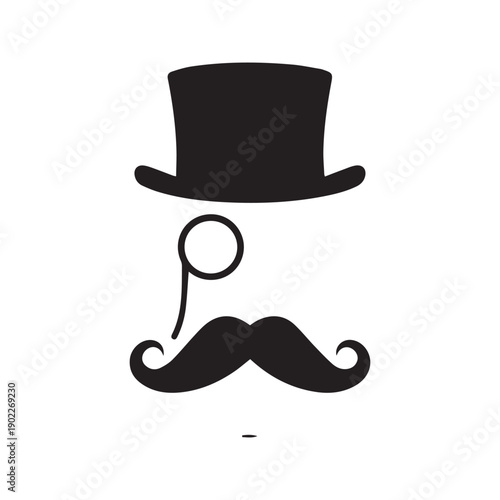 Gentleman Silhouette Vector Icon. Vintage Man Face with Top Hat, Monocle, and Moustache. Retro Hipster Style Logo Illustration.
