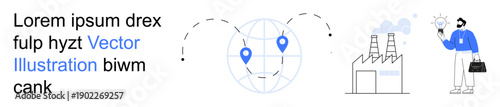 Logistics, industry, global business, environmental sustainability, geographic mapping, remote work. Globe with location points, factory businessman with a lightbulb. Logistics and industry