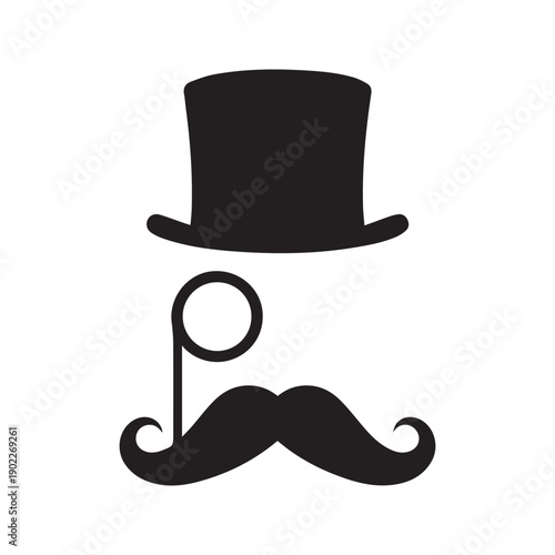 Gentleman Silhouette Vector Icon. Vintage Man Face with Top Hat, Monocle, and Moustache. Retro Hipster Style Logo Illustration.
