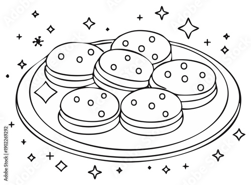Plate of baked biscuits with embellishments, line art illustration.