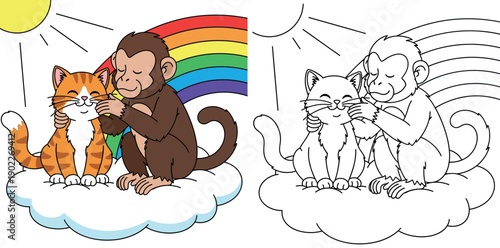 Cute cartoon monkey and orange cat friends sitting together on a white cloud with a rainbow and sun background illustration