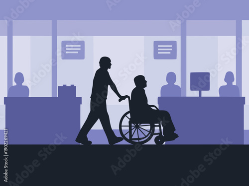 A healthcare worker assists a patient in a wheelchair within a hospital corridor