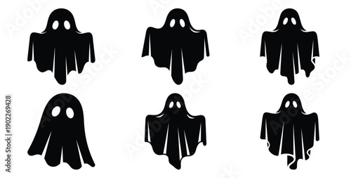 Set of halloween floating ghost sheet silhouettes black icon Vector illustration and isolated on white background.