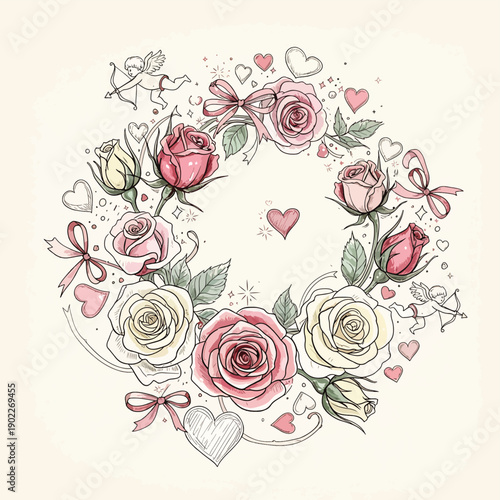 Hand Drawn Floral Wreath with Hearts
