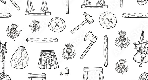 Tools and Symbols, Cultural Heritage, Black and White Line Art, Graphic Design