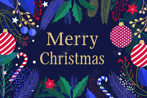 Festive christmas card with ornaments pine branches and a merry christmas message