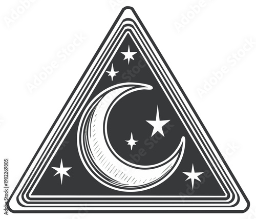 Mystical Crescent Moon and Stars Emblem in a Triangle Frame - Celestial Symbol